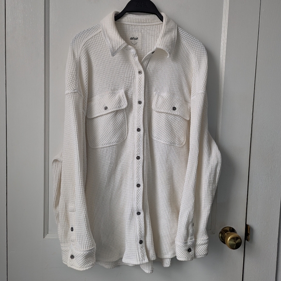 Aerie LumberJane Waffle Shirt Shacket Heather Frost Oversized Medium - Picture 5 of 9